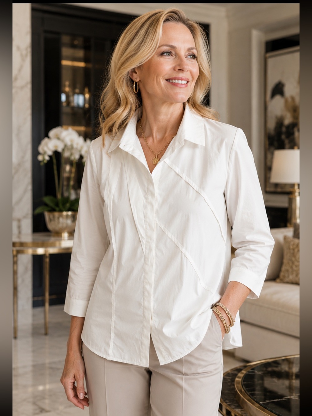 Lafayette 148 New York White Hidden Button
Stretch Blouse Minimalist Office